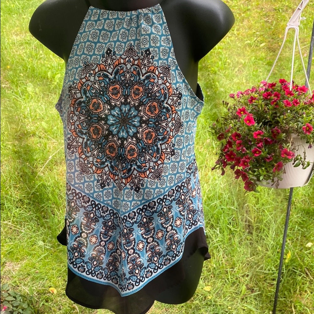 Blue Asymmetrical High Neck Sleeveless Tank Top